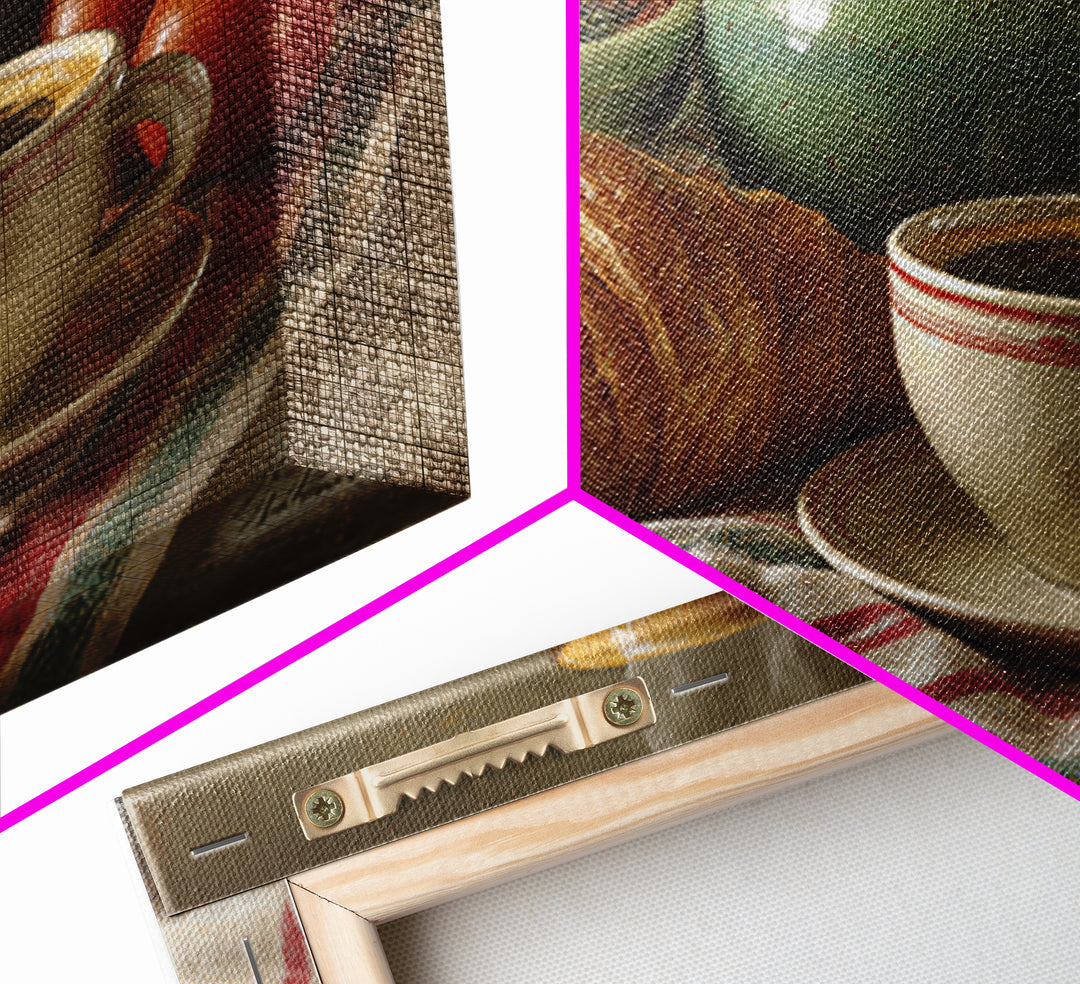 Croissant and Cappuccino on Striped Cloth Framed Canvas Print, Coffee Shop Art, Fine Art Print, Cafe Decor, Fine Art, Cafe, CSA-3x2-81