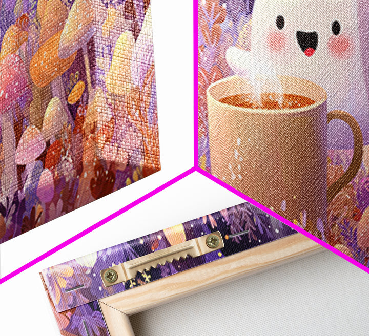 The Marshmallow Ghost, Storybook Halloween Art, Wide Panoramic Art, Canvas Print, Halloween Kids Decor, Whimsical Wall Art