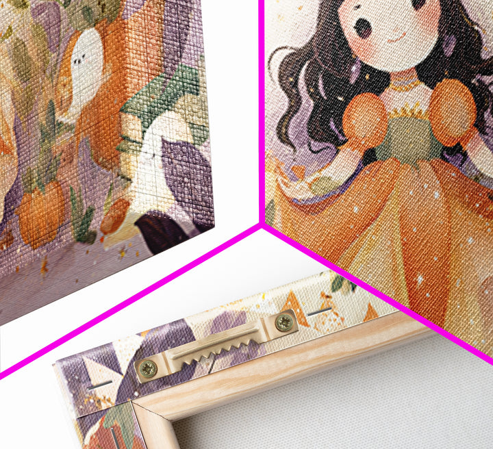 The Pumpkin Princess, Cute Halloween Wall Art, Wide Panoramic Art, Framed Canvas Print, Halloween Kids Decor, Whimsical Wall Art