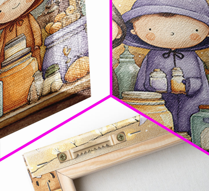 The Moonbeam Wizard, Storybook Halloween Art, Square Wall Art, Framed Canvas Print, Halloween Kids Decor, Whimsical Wall Art