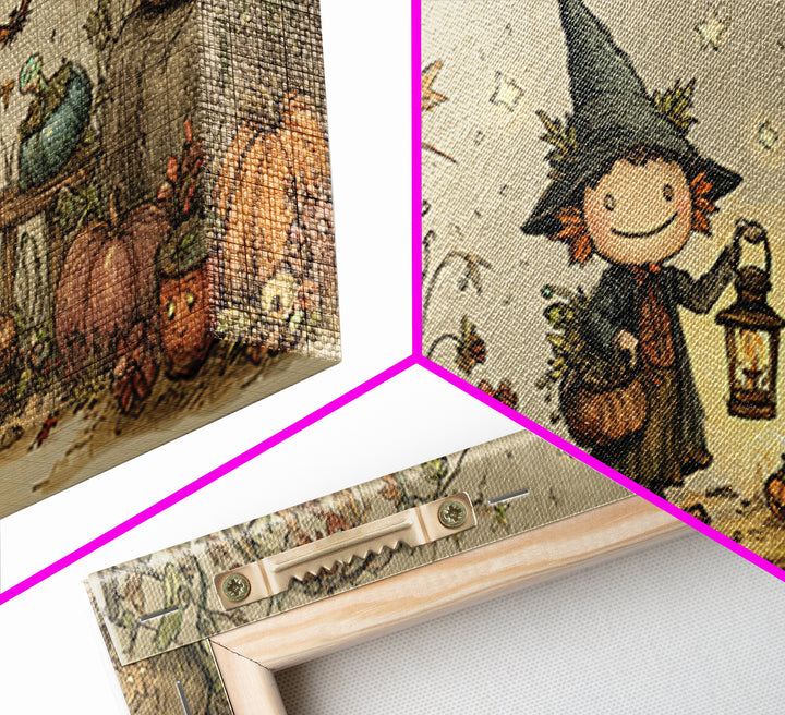 The Acorn Goblin, Crayon Halloween Art, Wide Panoramic Art, Framed Canvas Print, Cute Halloween Wall Art