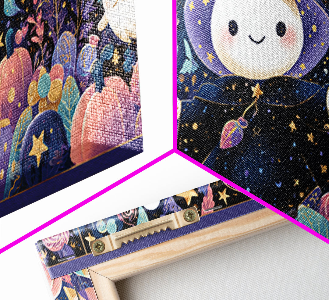 The Star-Cape Magician, Kawaii Halloween Art, Wide Panoramic Art, Framed Canvas Print, Cute Halloween Wall Art
