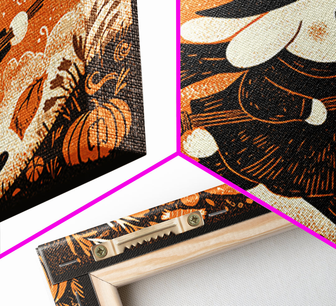 The Bunny Witch, Linocut Halloween Art, Landscape Wall Art, Framed Canvas Print, Cute Halloween Wall Art