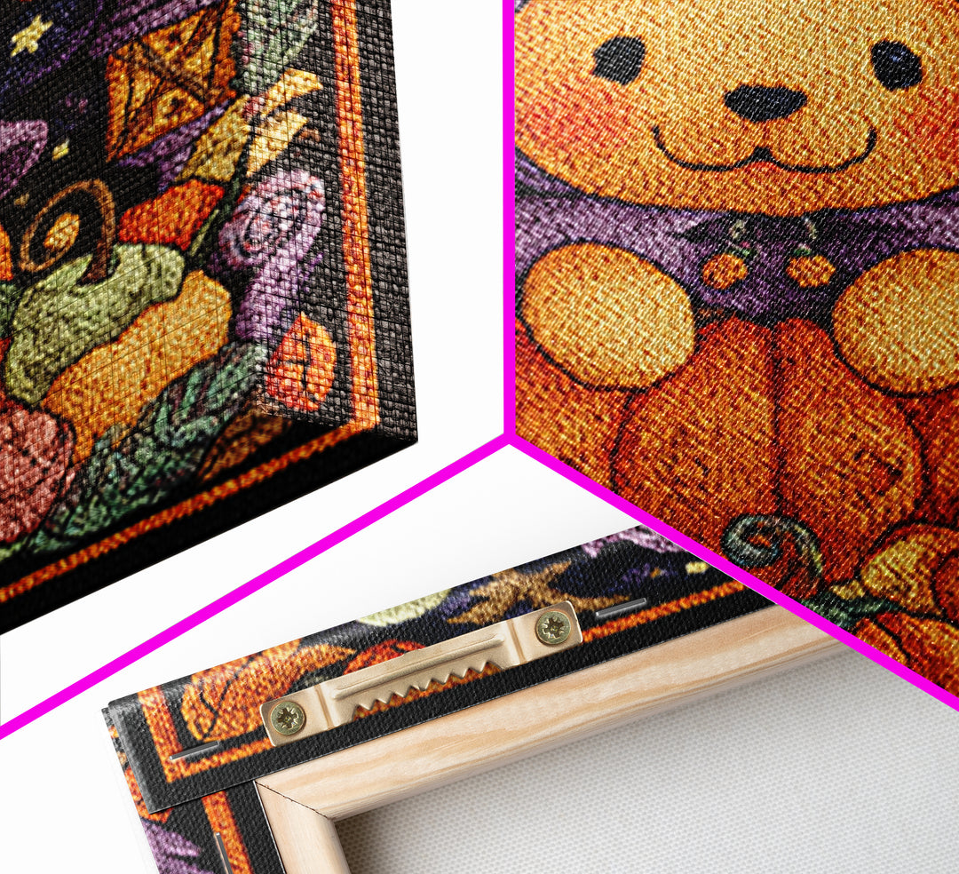 The Pumpkin Puppy, Embroidered Halloween Art, Square Wall Art, Canvas Print, Cute Halloween Wall Art