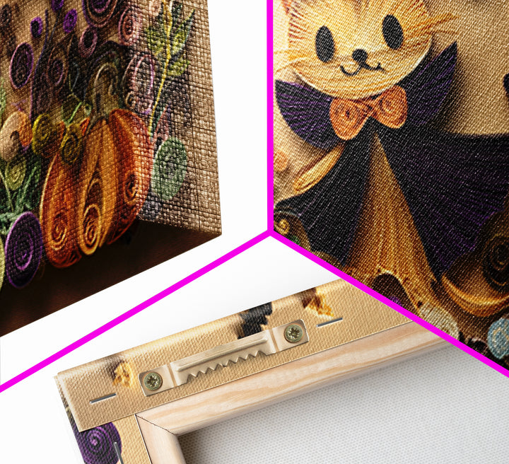 The Kitten Vampire, Quilled Halloween Art, Wide Panoramic Art, Framed Canvas Print, Cute Halloween Wall Art