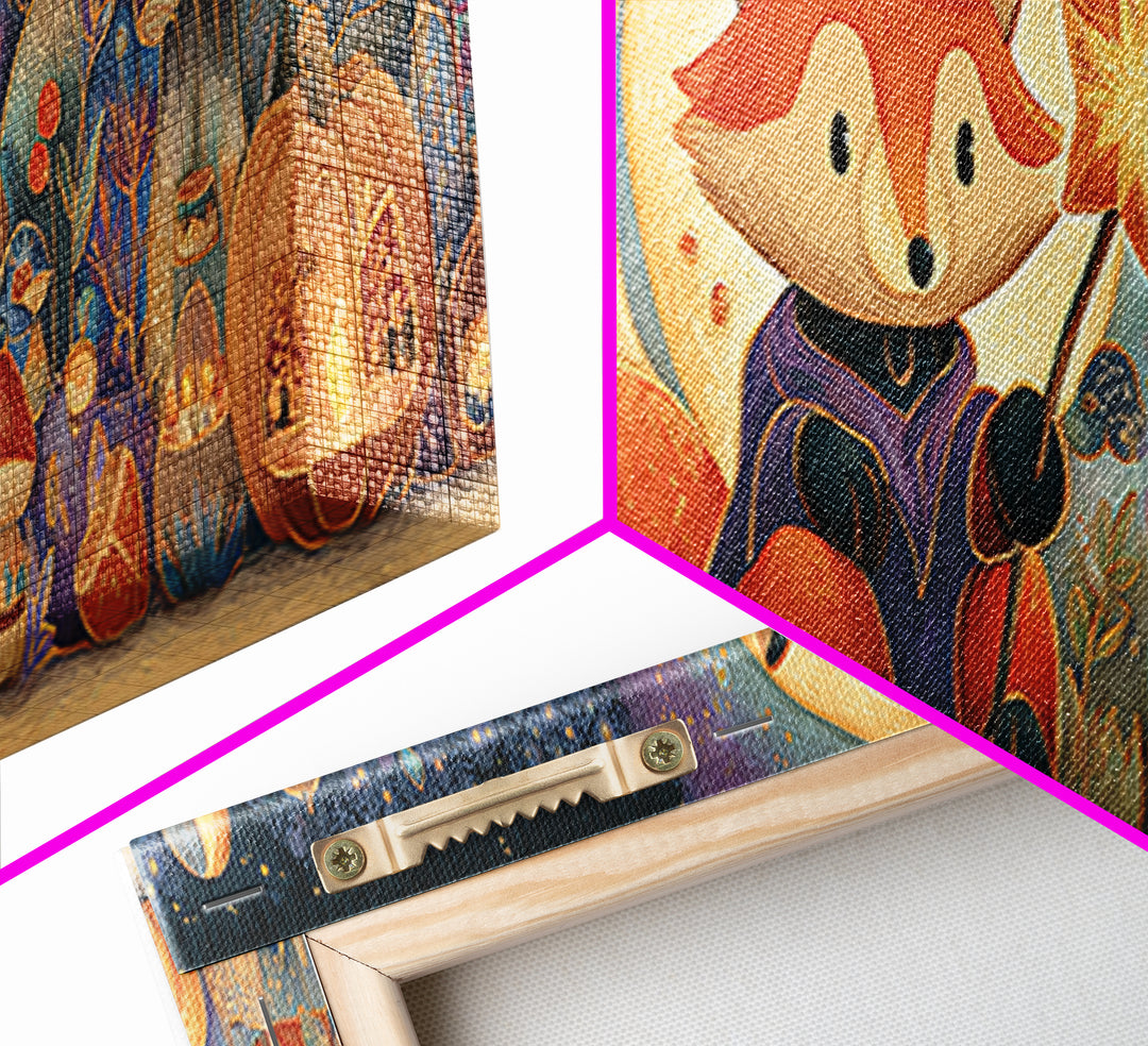 The Fox Wizard, Stained Glass Halloween, Extra Wide Wall Art, Canvas Print, Cute Halloween Wall Art, Cozy Autumn Kids Decor