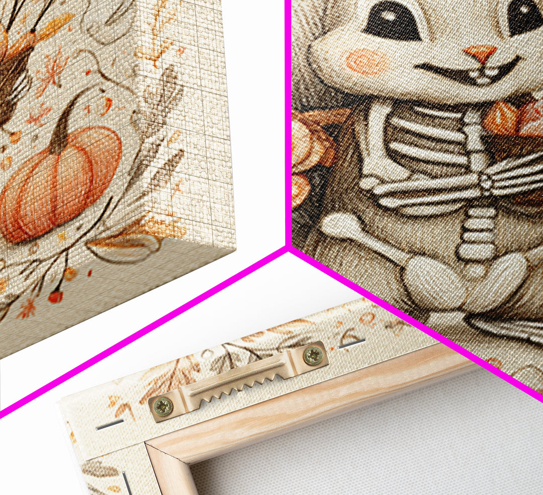 The Squirrel Skeleton, Hand Sketch Halloween Art, Square Wall Art, Canvas Print, Cute Halloween Wall Art