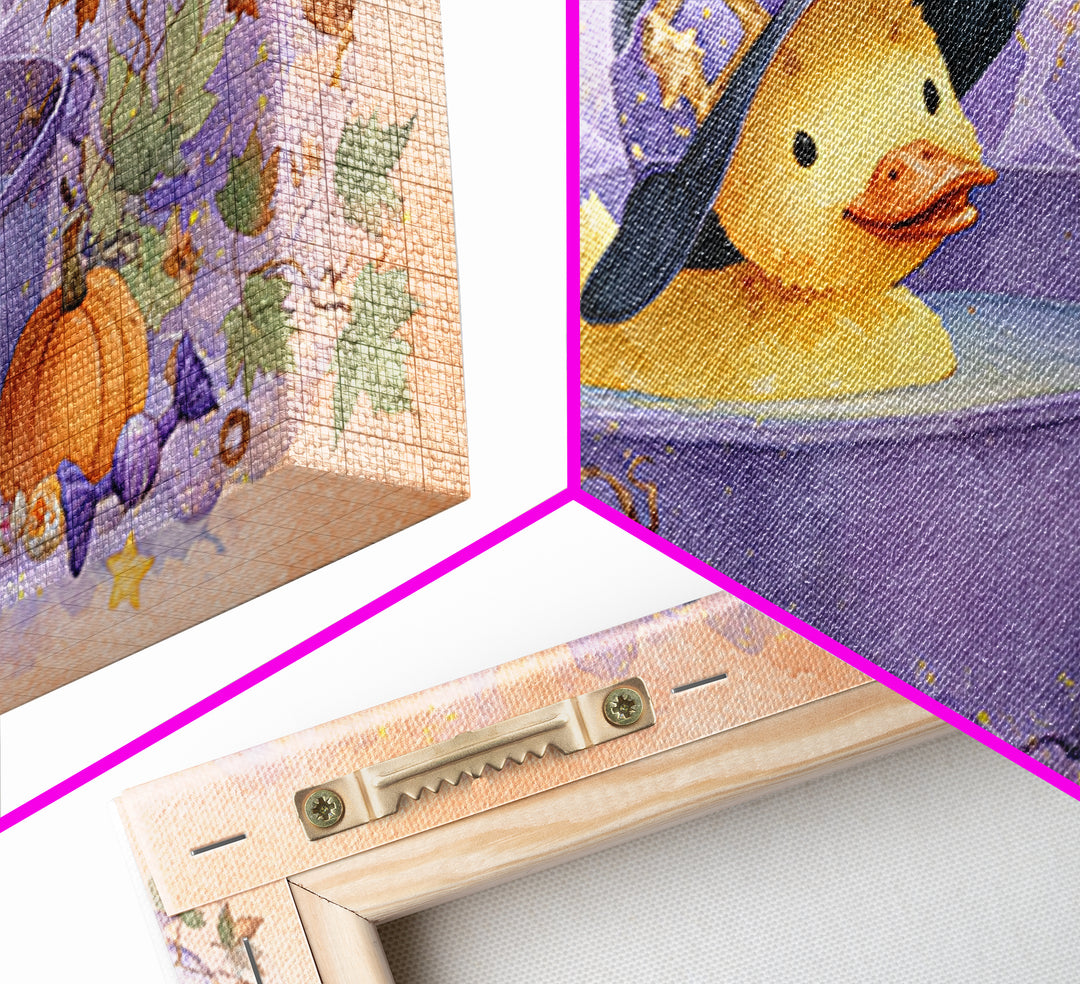 The Duckling Witch, Watercolor Halloween Art, Wide Panoramic Art, Framed Canvas Print, Cute Halloween Wall Art