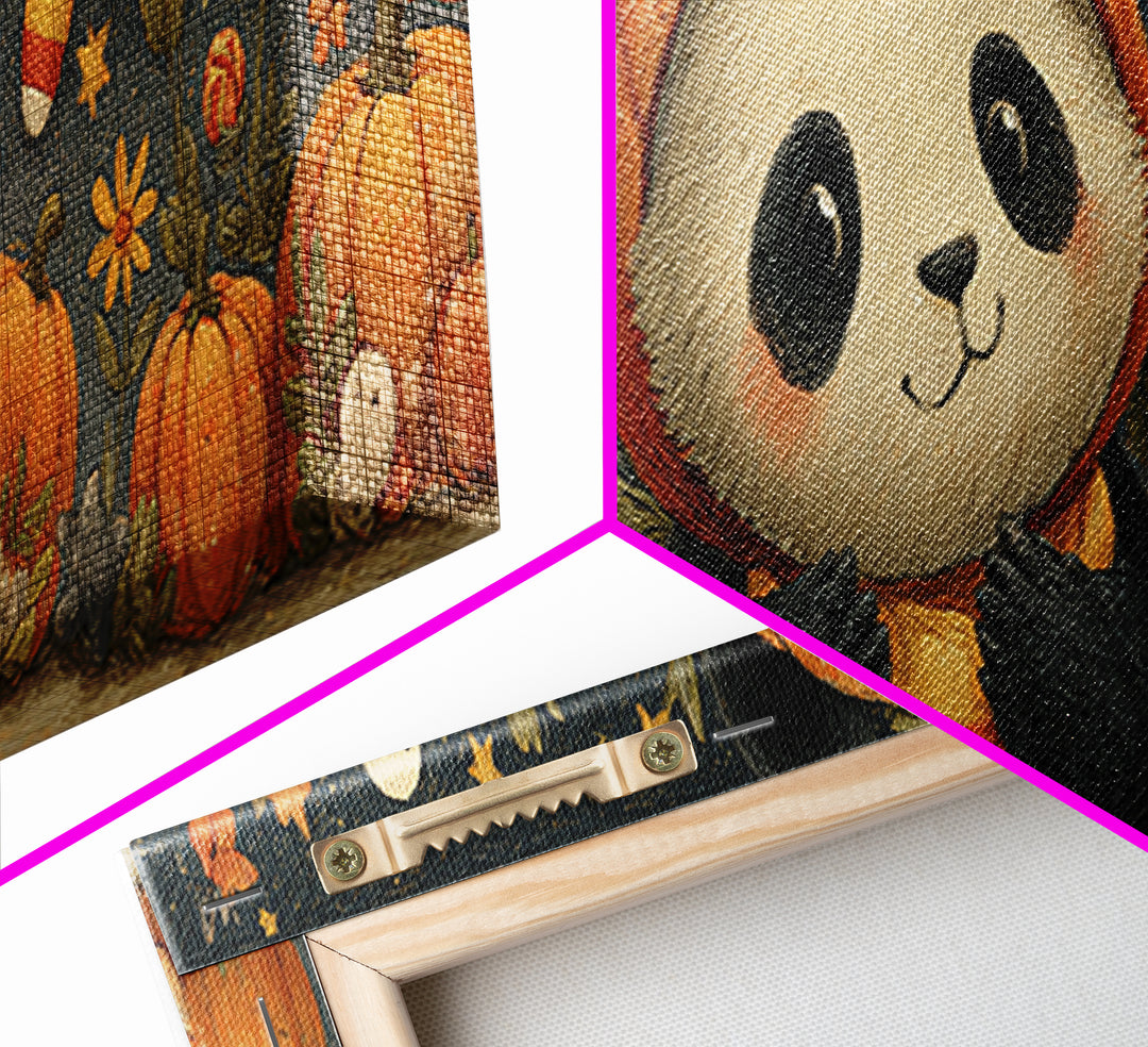 The Panda Pumpkin, Gouache Halloween Art, Extra Wide Wall Art, Canvas Print, Cute Halloween Wall Art