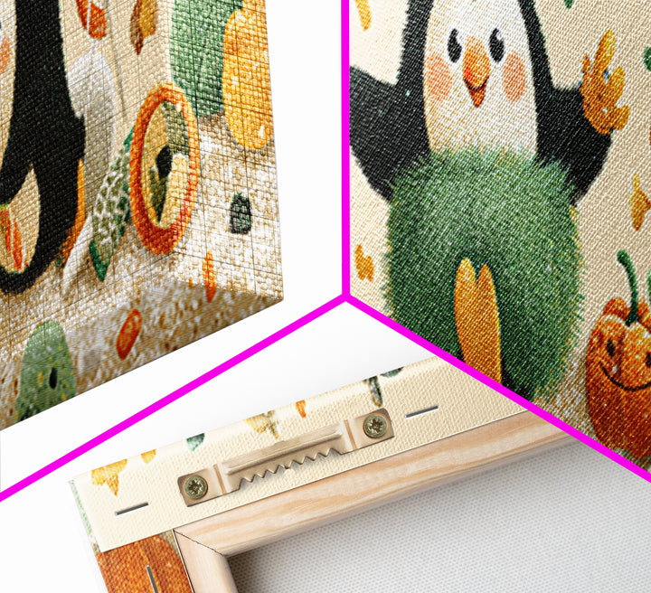 The Penguin Monster, Plush Halloween Art, Extra Wide Wall Art, Canvas Print, Cute Halloween Wall Art