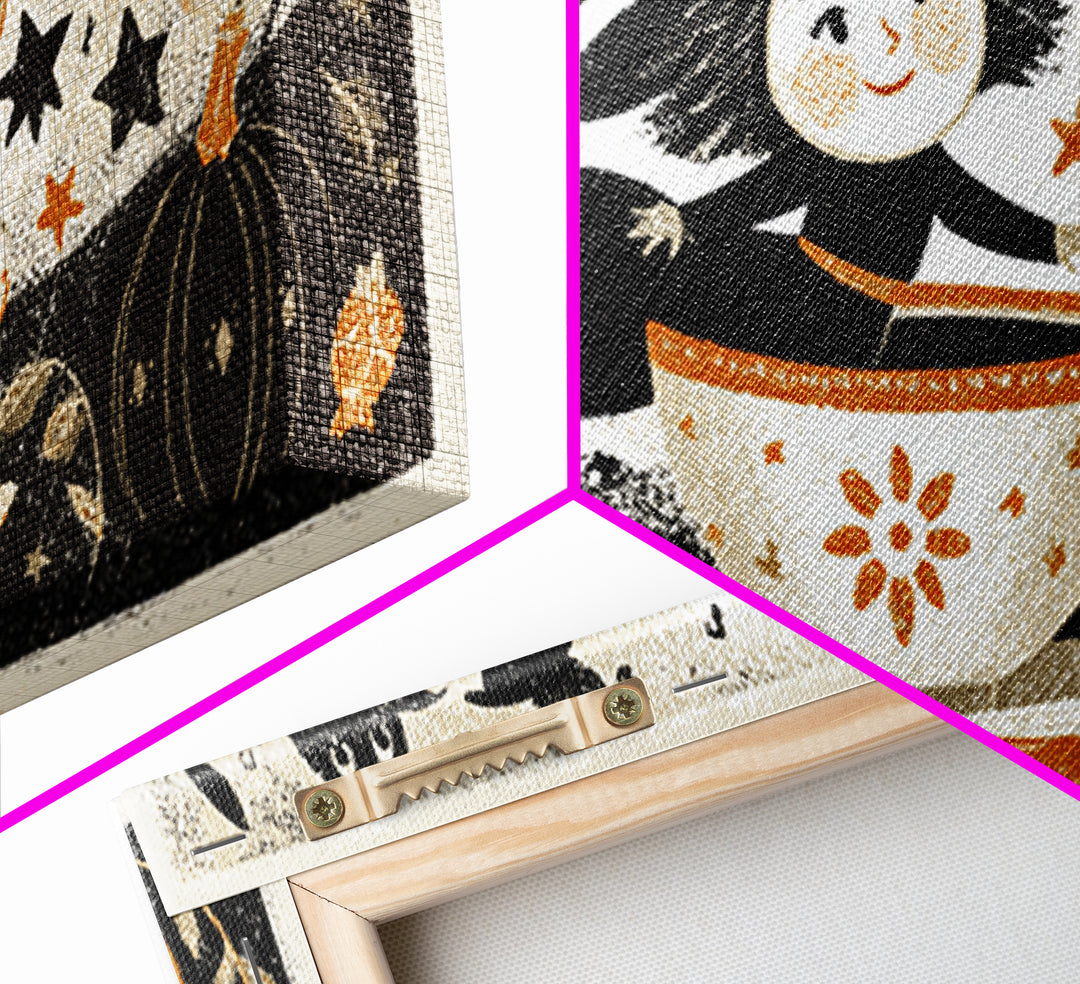The Teacup Witch, Linocut Halloween Art, Wide Panoramic Art, Framed Canvas Print, Cute Halloween Wall Art