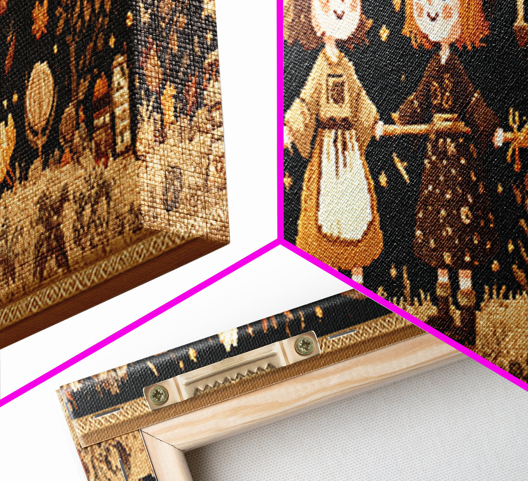 The Twin Broomstick Witches, Embroidered Halloween Art, Extra Wide Wall Art, Canvas Print, Cute Halloween Wall Art