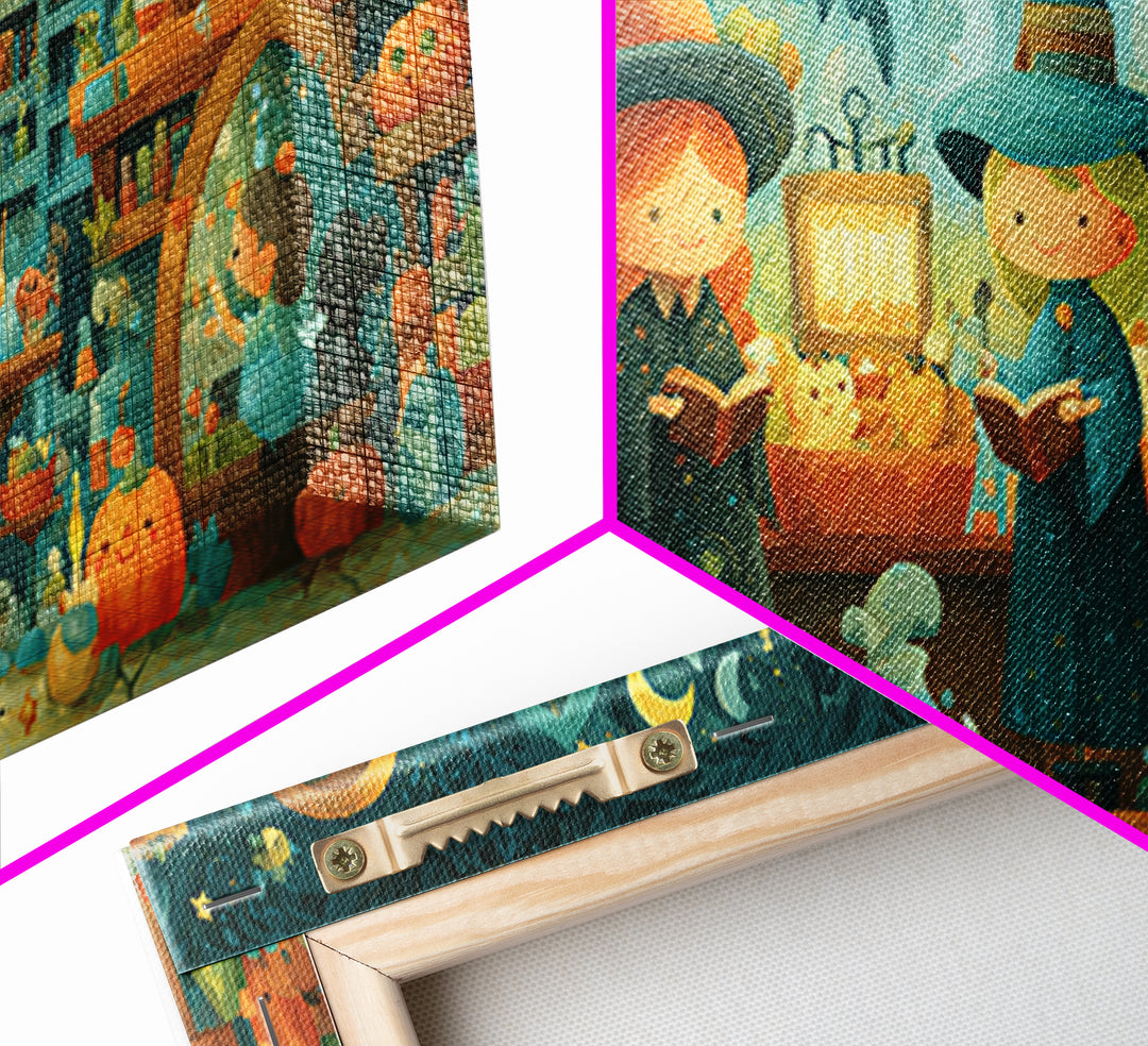 The Tiny Hat Shop Witch, Vector Halloween Art, Wide Panoramic Art, Framed Canvas Print, Cute Halloween Wall Art