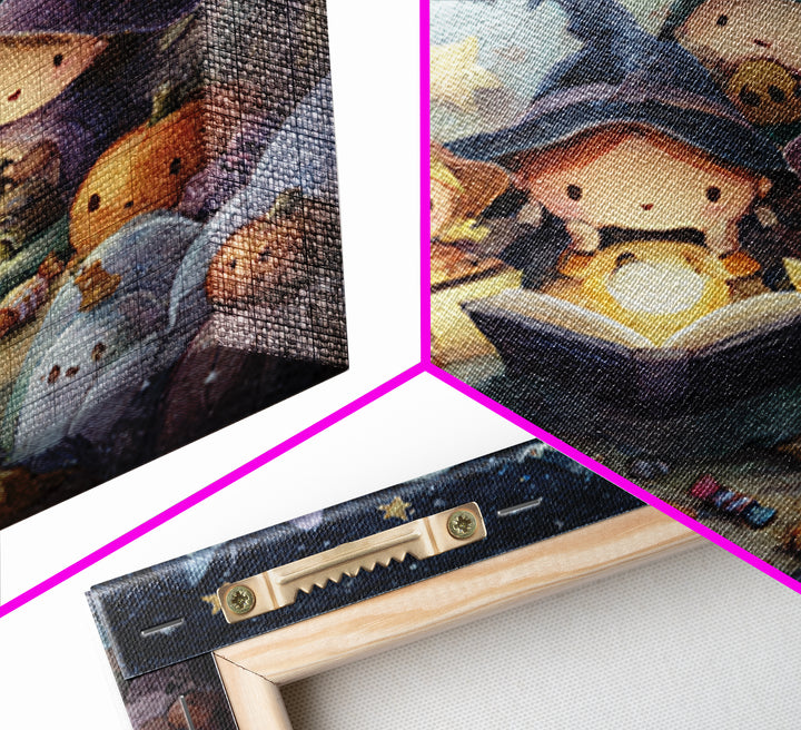 The Spellbook Sleepover, Pastel Halloween Art, Square Wall Art, Canvas Print, Cute Halloween Wall Art