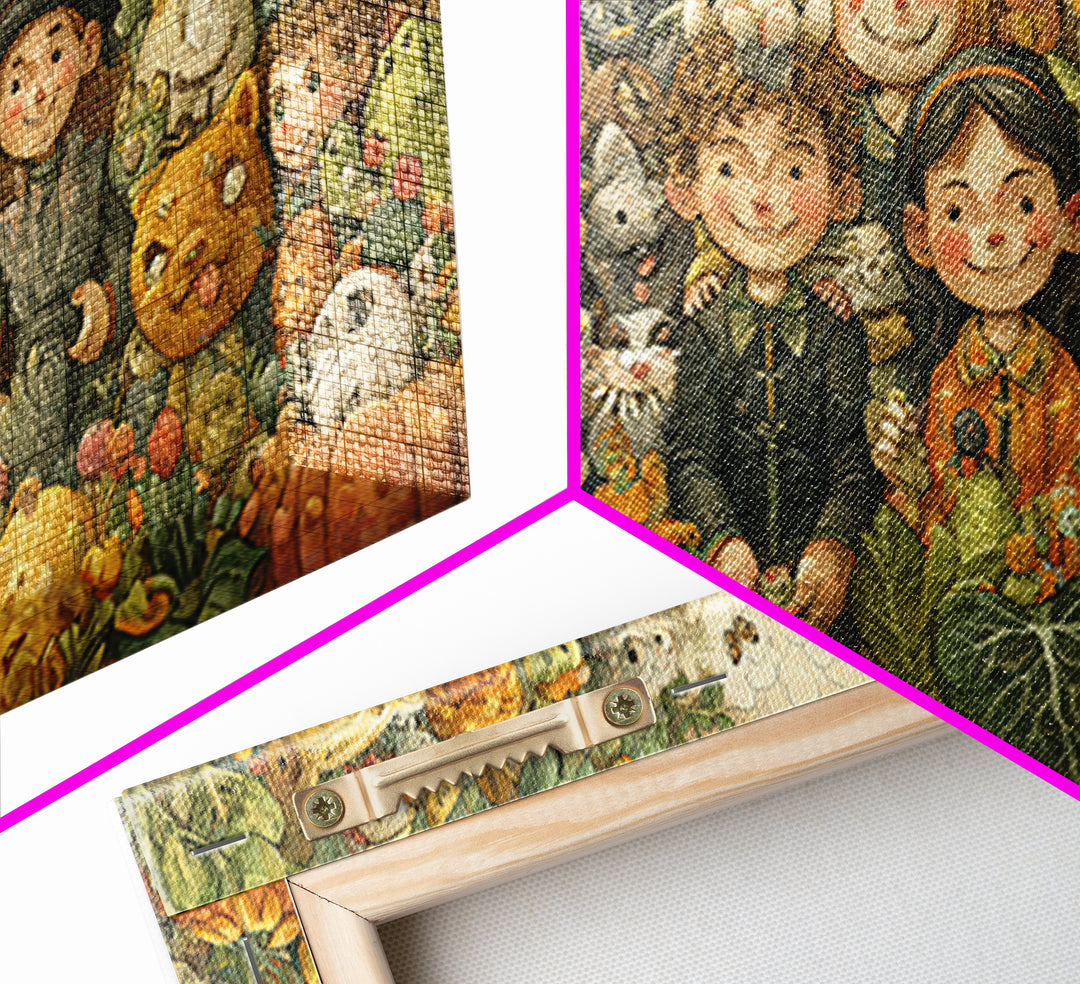 The Friendly Familiar Club, Paper Collage Halloween, Wide Panoramic Art, Framed Canvas Print, Cute Halloween Wall Art