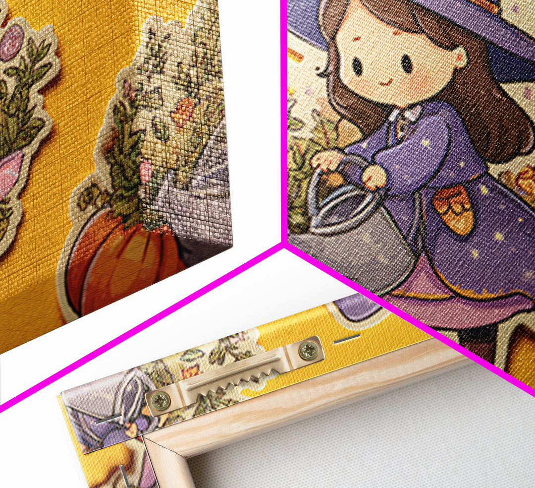 The Moon Garden Witch, Kawaii Halloween Art, Landscape Wall Art, Framed Canvas Print, Cute Halloween Wall Art