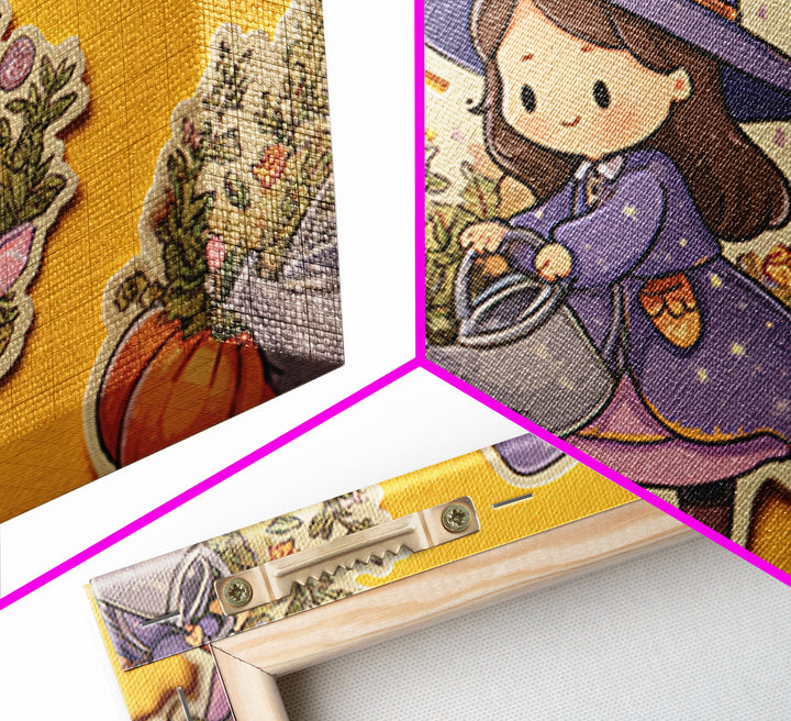 The Moon Garden Witch, Kawaii Halloween Art, Landscape Wall Art, Framed Canvas Print, Cute Halloween Wall Art