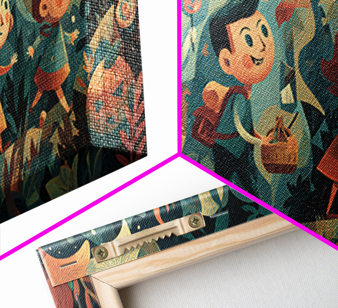 The Candy Map Adventurers, Screenprint Halloween Art, Wide Panoramic Art, Framed Canvas Print, Cute Halloween Wall Art