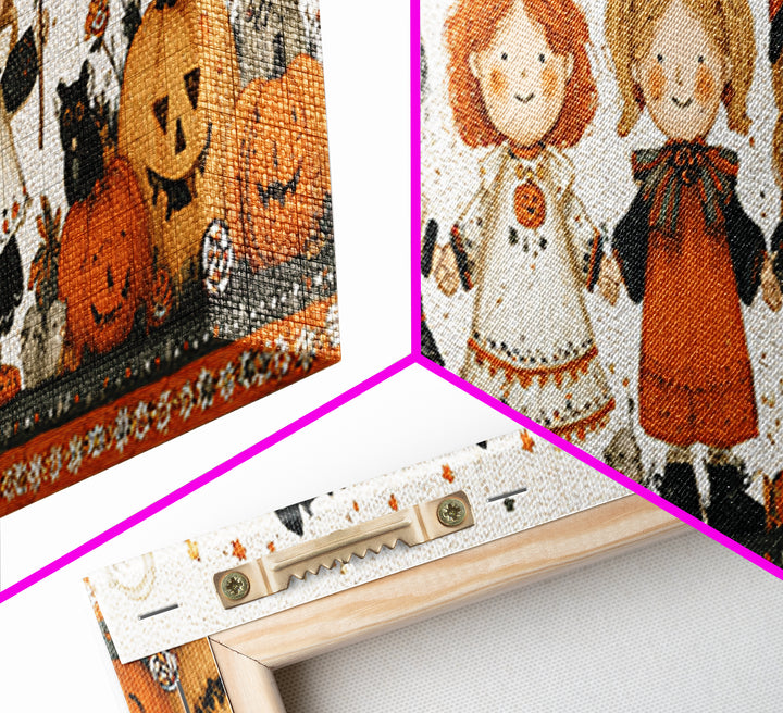 The Halloween Friendship Spell, Folk Halloween Art, Extra Wide Wall Art, Canvas Print, Cute Halloween Wall Art