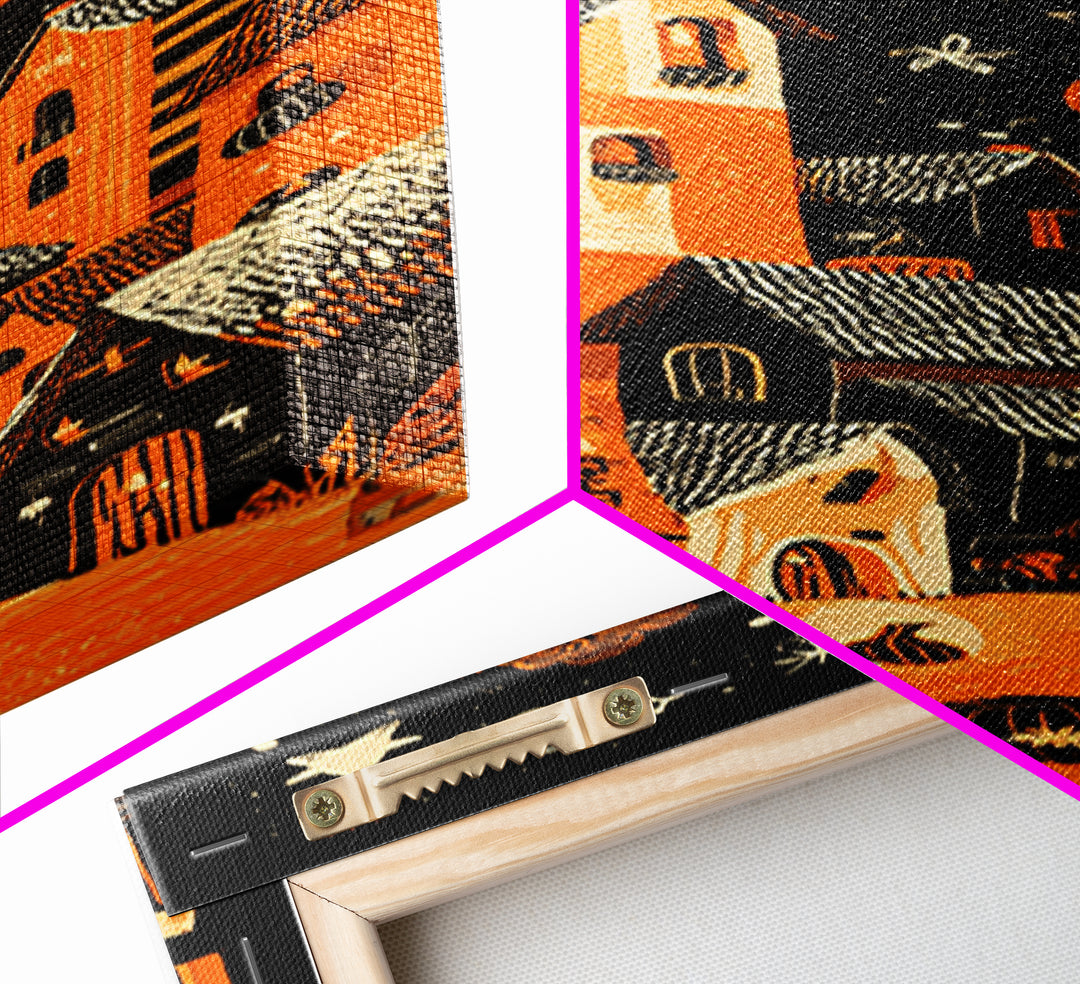 Candy Corn Village, Linocut Halloween Art, Tall Narrow Wall Art, Framed Canvas Print, Cute Halloween Wall Art