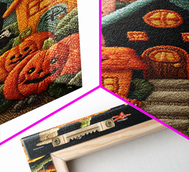 Pumpkin Cottage Lane, Embroidered Halloween Art, Vertical Wall Art, Canvas Print, Cute Halloween Wall Art