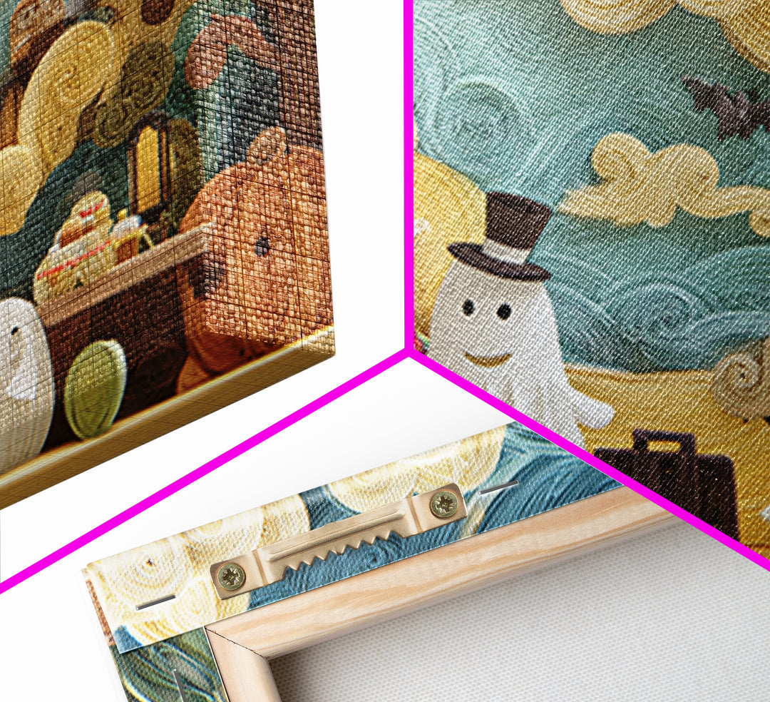 The Friendly Ghost Hotel, Quilled Halloween Art, Landscape Wall Art, Framed Canvas Print, Cute Halloween Wall Art