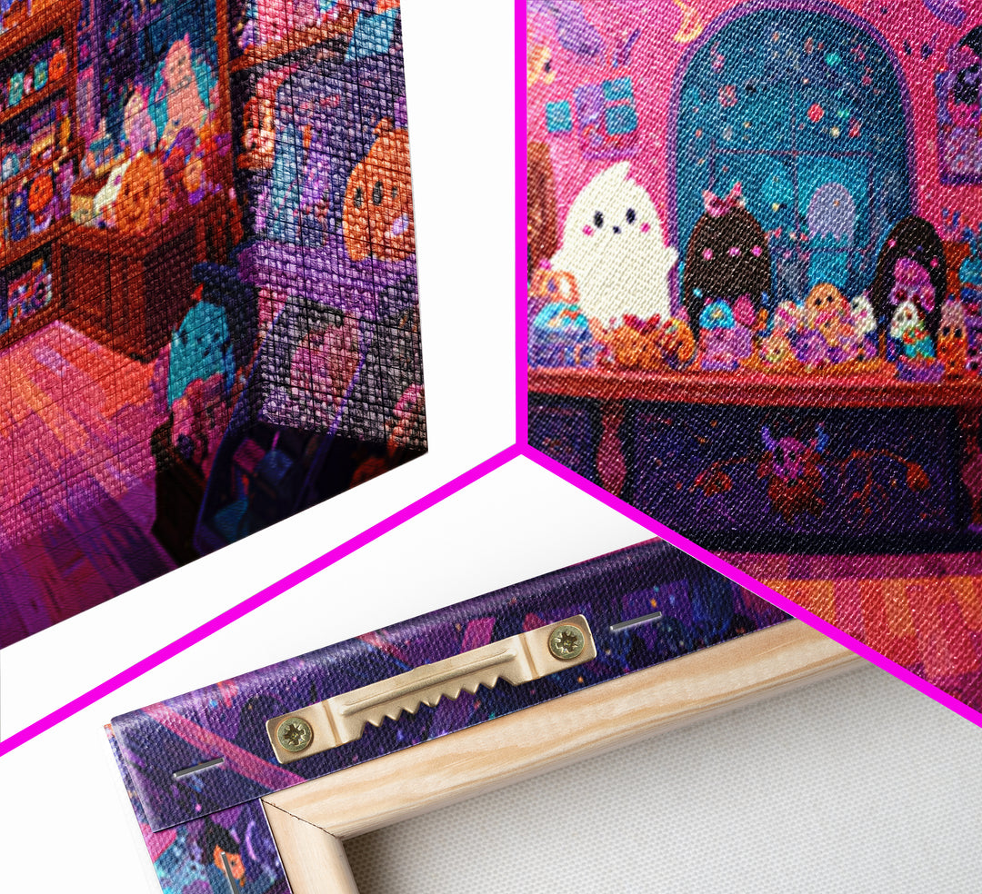 The Moonlight Toy Shop, Vaporwave Halloween Art, Wide Panoramic Art, Framed Canvas Print, Cute Halloween Wall Art