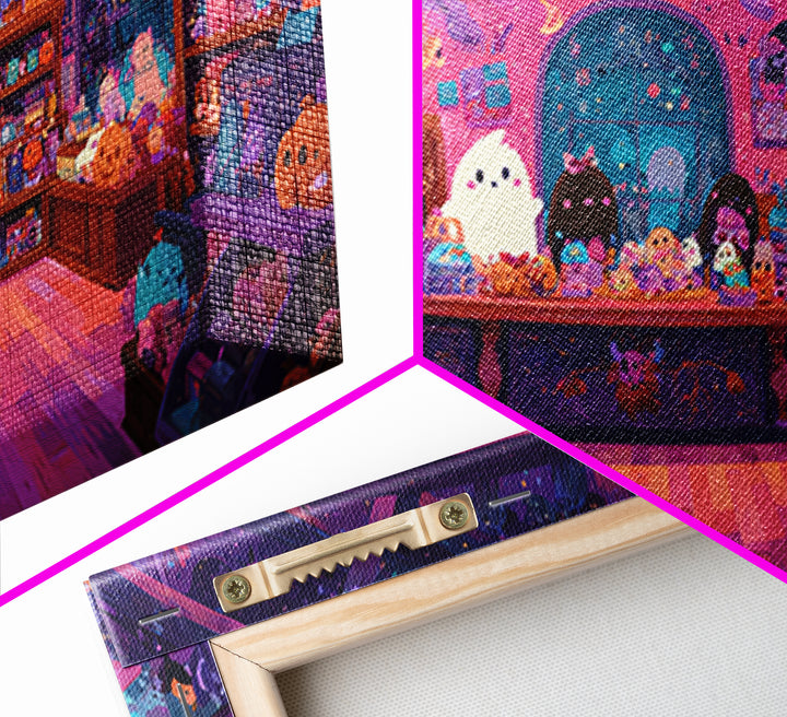 The Moonlight Toy Shop, Vaporwave Halloween Art, Wide Panoramic Art, Framed Canvas Print, Cute Halloween Wall Art