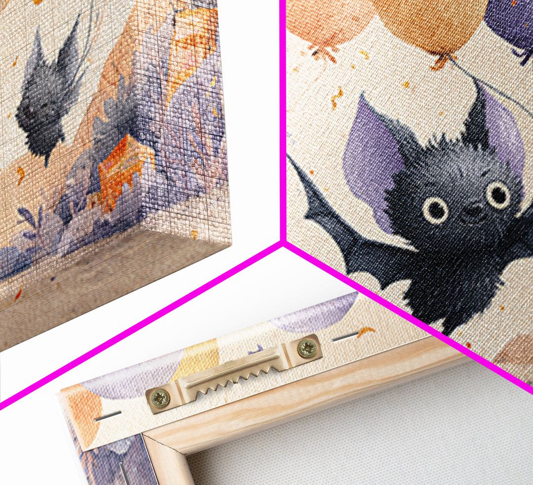 The Bat Balloon Factory, Watercolor Halloween Art, Landscape Wall Art, Framed Canvas Print, Cute Halloween Wall Art