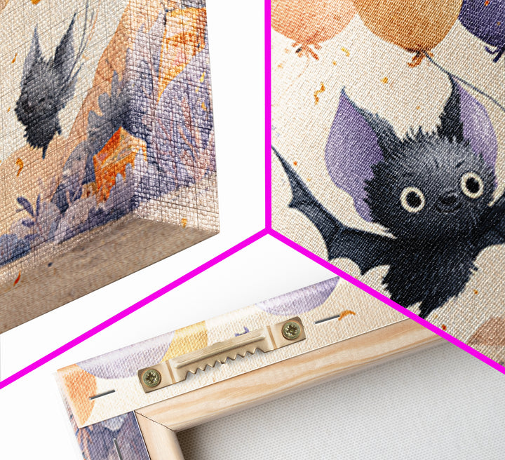 The Bat Balloon Factory, Watercolor Halloween Art, Landscape Wall Art, Framed Canvas Print, Cute Halloween Wall Art