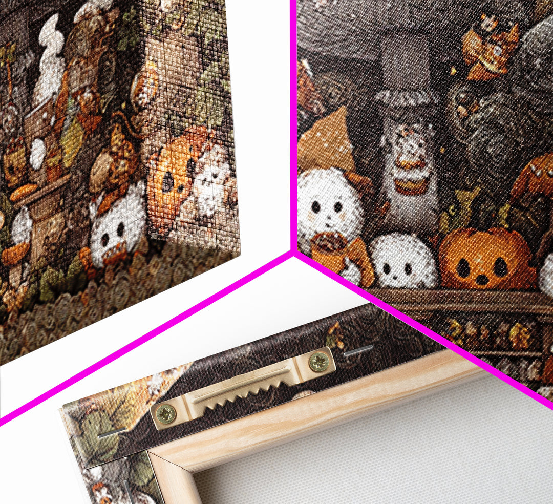 The Friendly Forest Cafe, Crayon Halloween Art, Wide Panoramic Art, Framed Canvas Print, Cute Halloween Wall Art