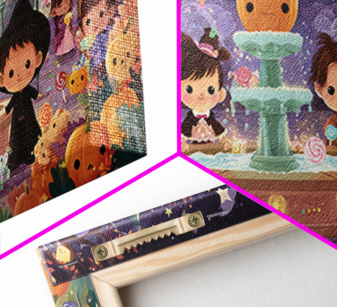 The Trick-Or-Treat Village Square, Kawaii Halloween Art, Wide Panoramic Art, Framed Canvas Print, Cute Halloween Wall Art