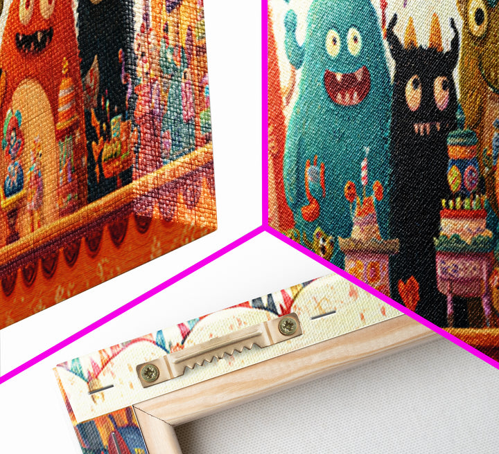 The Friendly Monster Market, Retro Halloween Art, Extra Wide Wall Art, Canvas Print, Cute Halloween Wall Art