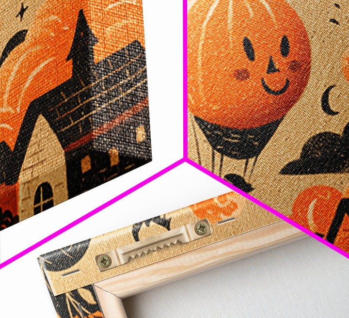 The Pumpkin Balloon Parade, Linocut Halloween Art, Landscape Wall Art, Framed Canvas Print, Cute Halloween Wall Art