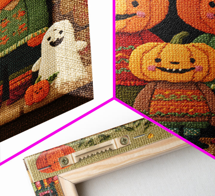 The Pumpkin Family Portrait, Embroidered Halloween Art, Square Wall Art, Canvas Print, Cute Halloween Wall Art
