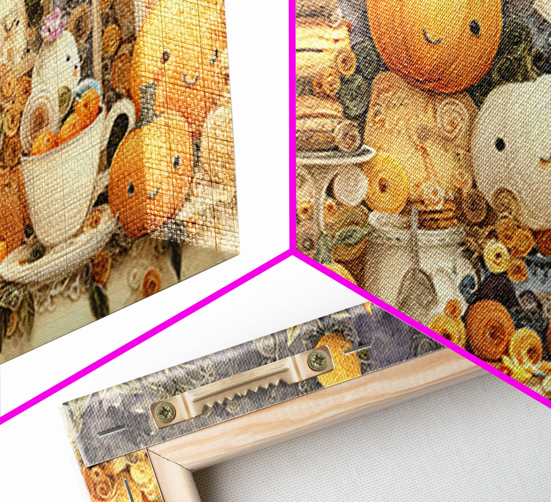The Pumpkin Tea Party, Quilled Halloween Art, Wide Panoramic Art, Framed Canvas Print, Cute Halloween Wall Art
