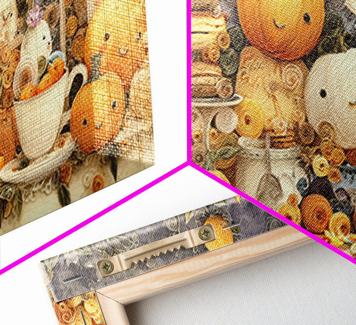 The Pumpkin Tea Party, Quilled Halloween Art, Wide Panoramic Art, Framed Canvas Print, Cute Halloween Wall Art
