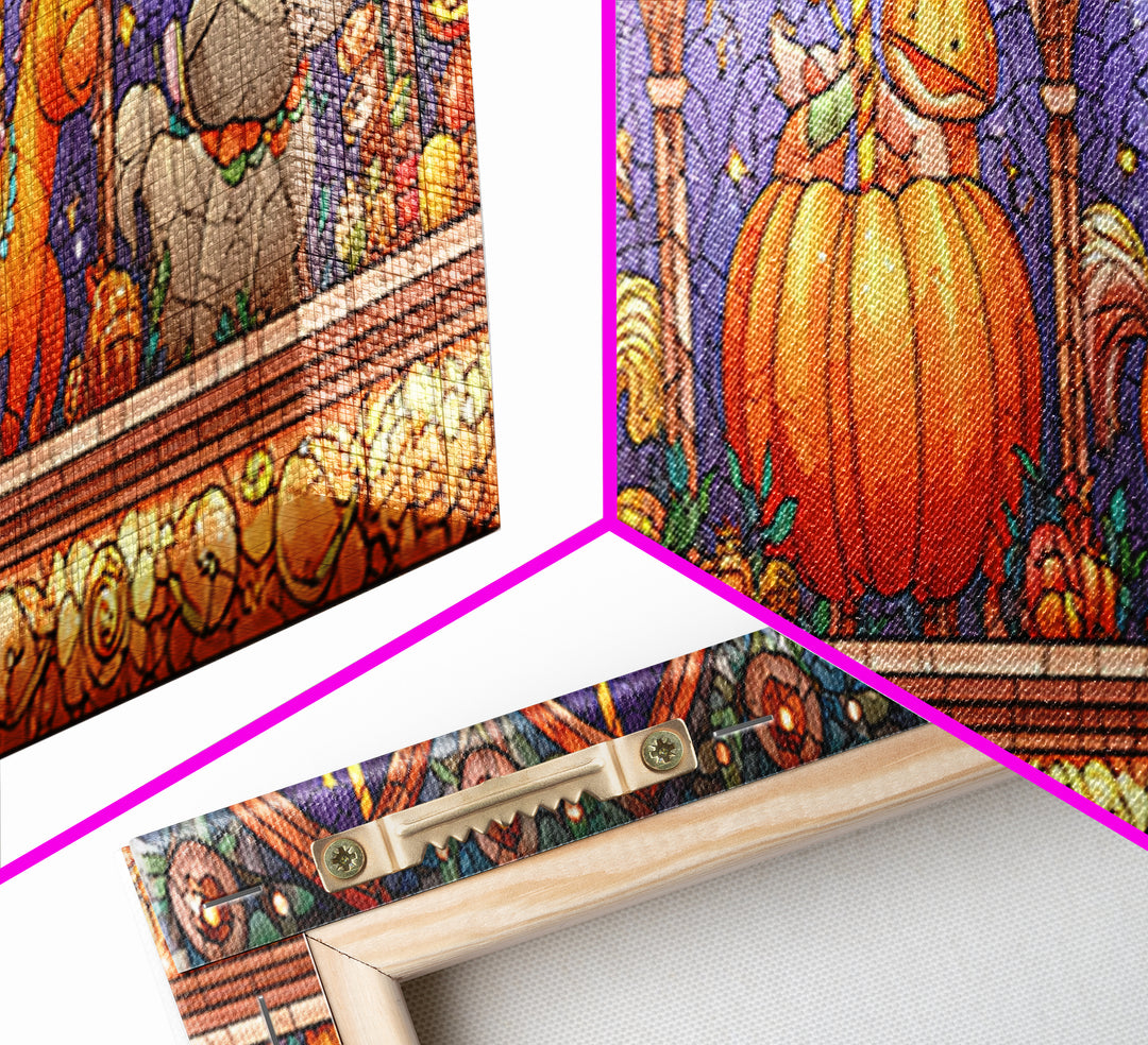 The Pumpkin Carousel, Stained Glass Halloween, Extra Wide Wall Art, Canvas Print, Cute Halloween Wall Art