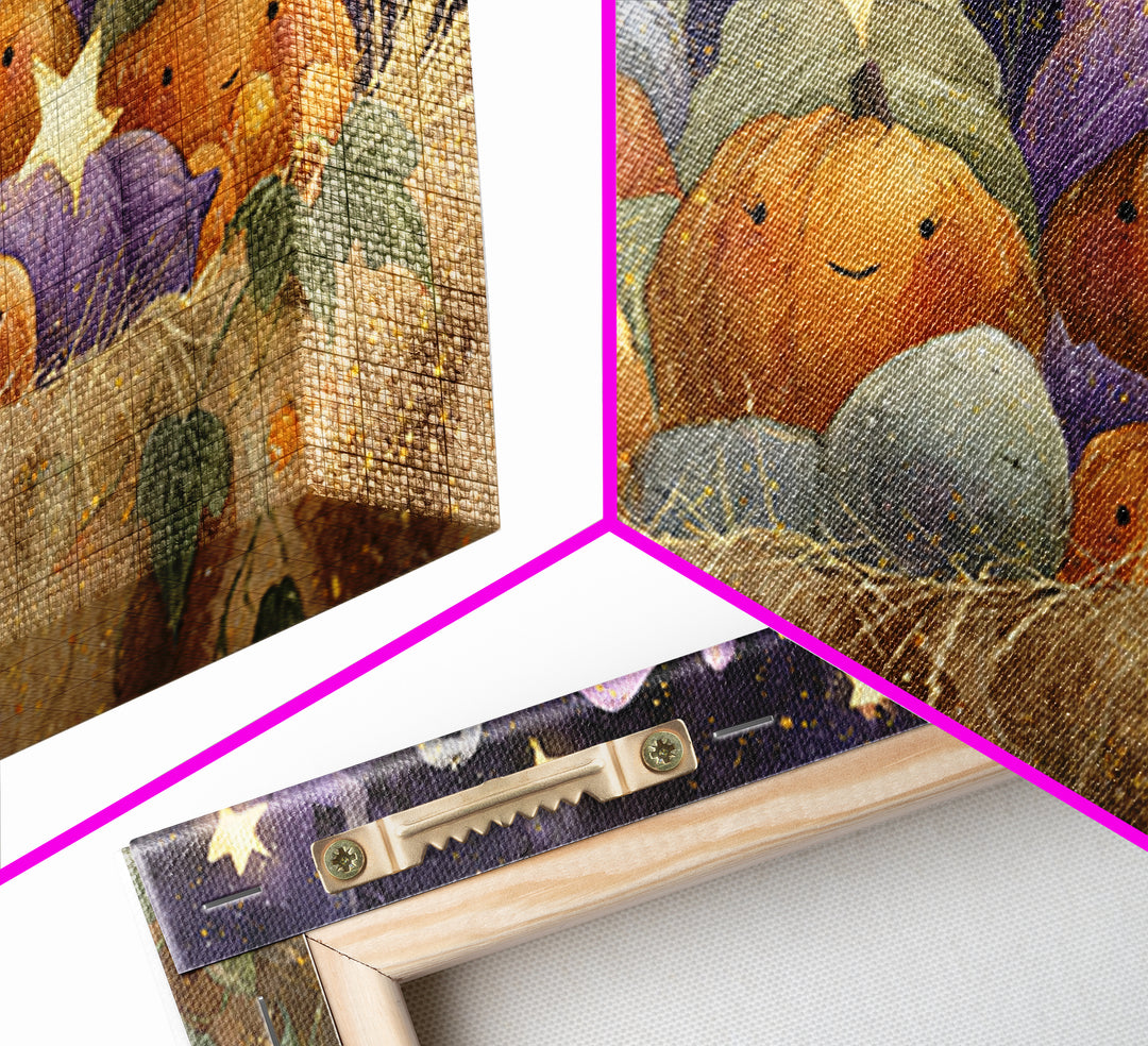 The Pumpkin Pajama Party, Watercolor Halloween Art, Wide Panoramic Art, Framed Canvas Print, Cute Halloween Wall Art