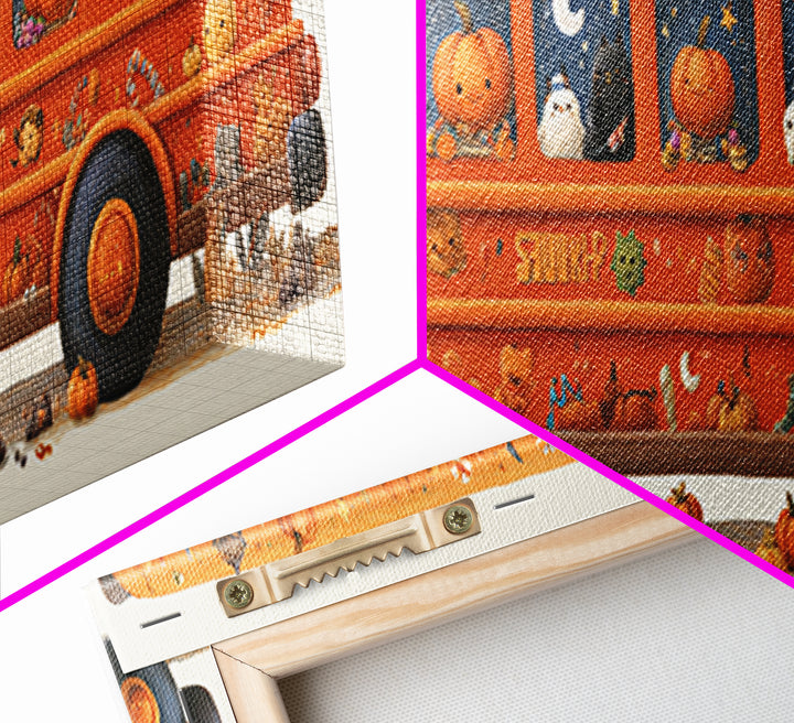 The Pumpkin School Bus, Gouache Halloween Art, Extra Wide Wall Art, Canvas Print, Cute Halloween Wall Art