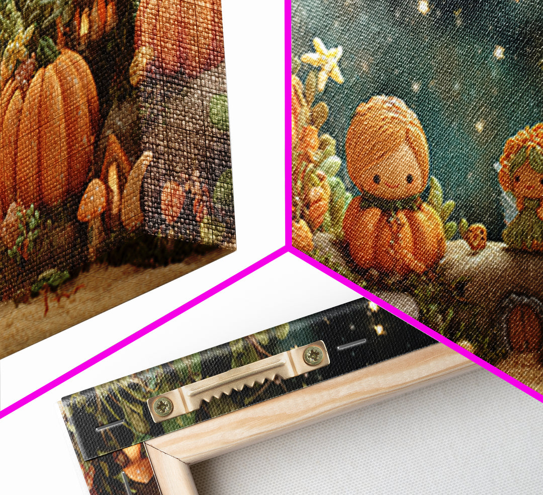 The Pumpkin Fairy Garden, Clay Halloween Art, Wide Panoramic Art, Framed Canvas Print, Cute Halloween Wall Art