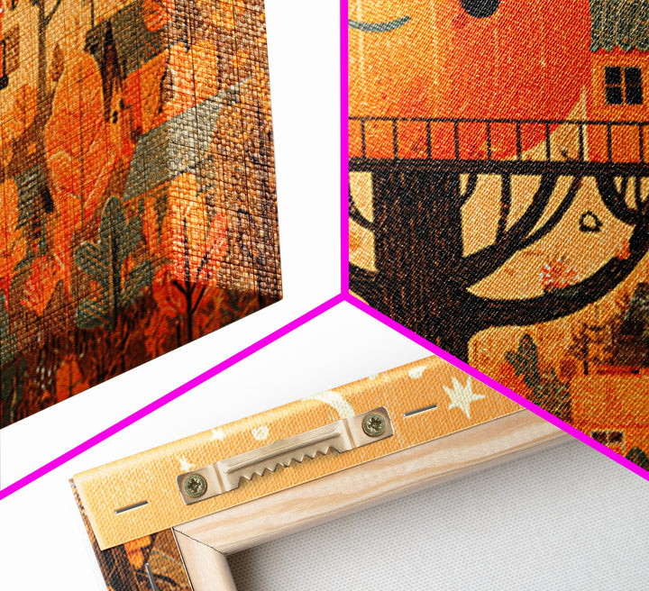 The Pumpkin Treehouse, Screenprint Halloween Art, Landscape Wall Art, Framed Canvas Print, Cute Halloween Wall Art