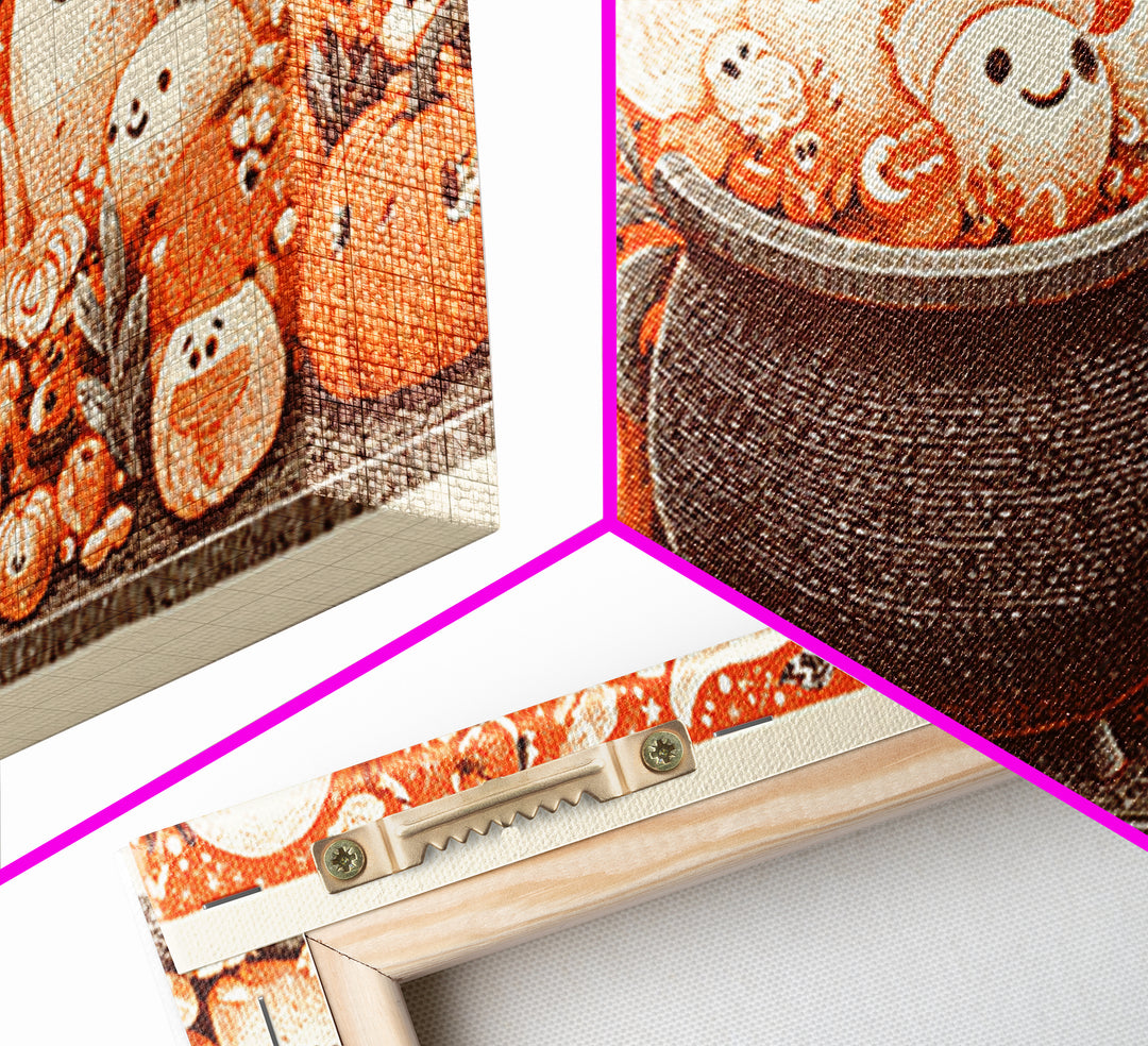 The Cookie Cauldron, Linocut Halloween Art, Wide Panoramic Art, Framed Canvas Print, Cute Halloween Wall Art