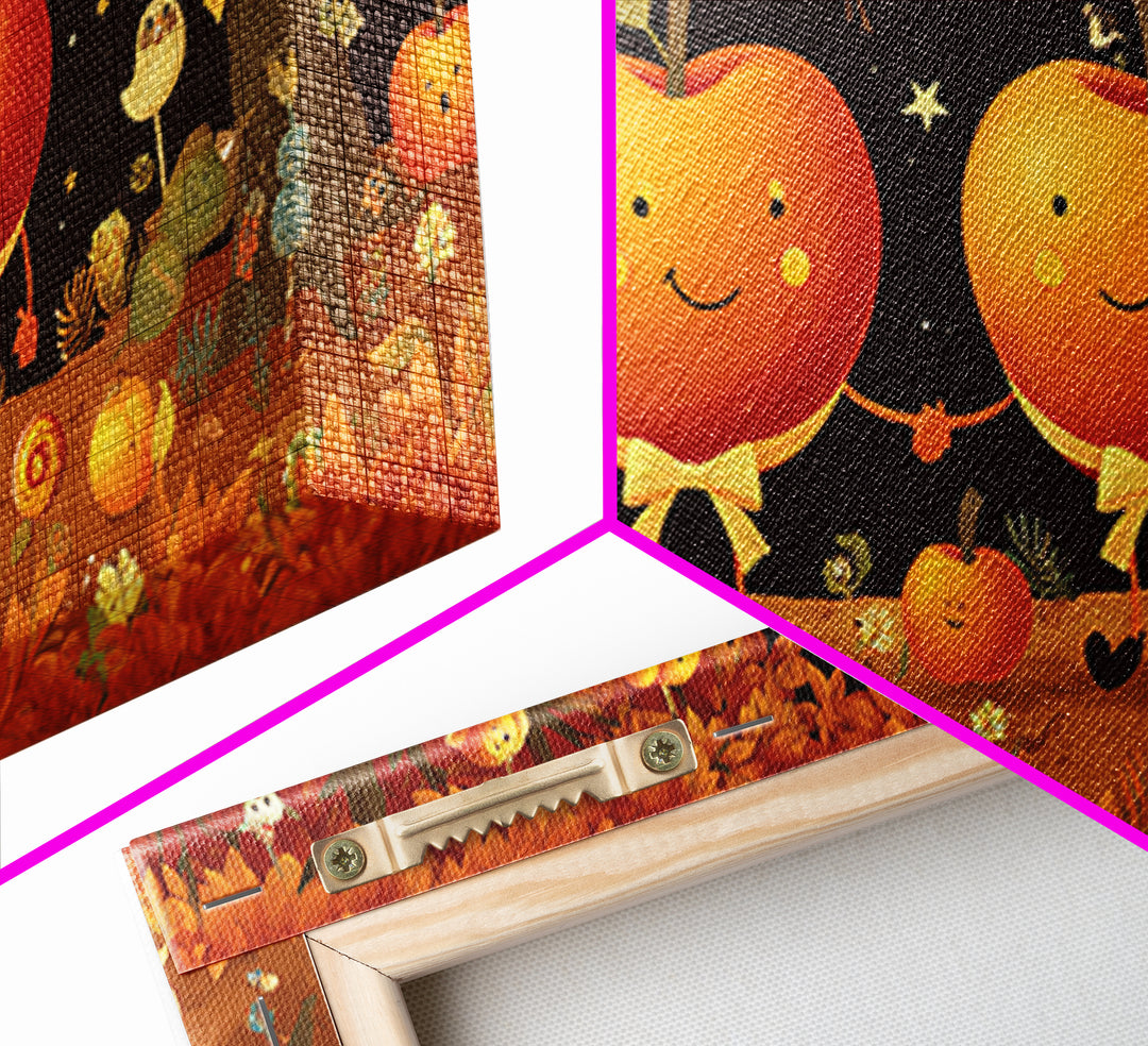 The Caramel Apple Friends, Vector Halloween Art, Wide Panoramic Art, Framed Canvas Print, Cute Halloween Wall Art
