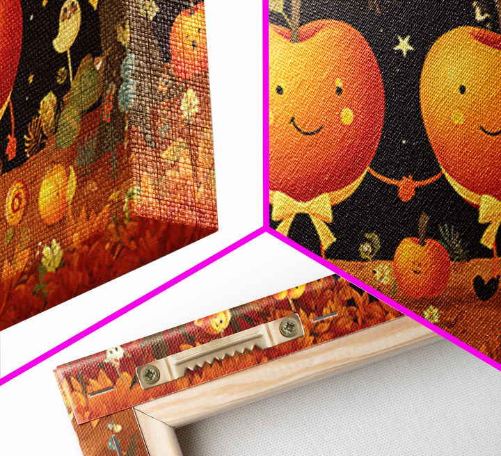 The Caramel Apple Friends, Vector Halloween Art, Wide Panoramic Art, Framed Canvas Print, Cute Halloween Wall Art