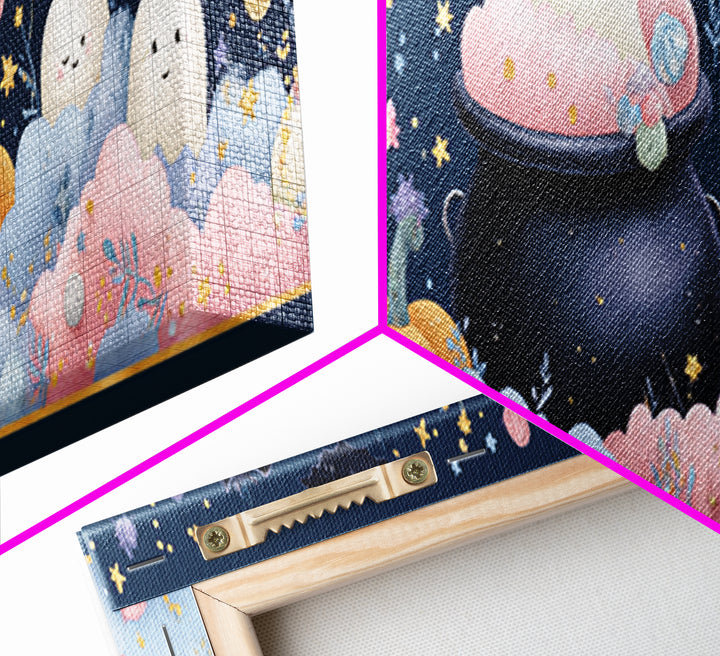 The Cotton-Candy Cauldron, Felt Halloween Art, Extra Wide Wall Art, Canvas Print, Cute Halloween Wall Art