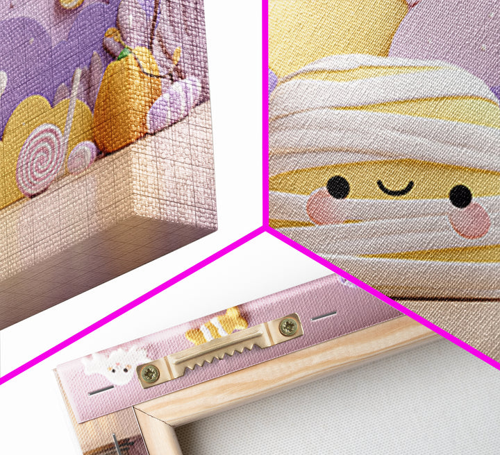 The Popcorn Mummy, Kawaii Halloween Art, Landscape Wall Art, Framed Canvas Print, Cute Halloween Wall Art