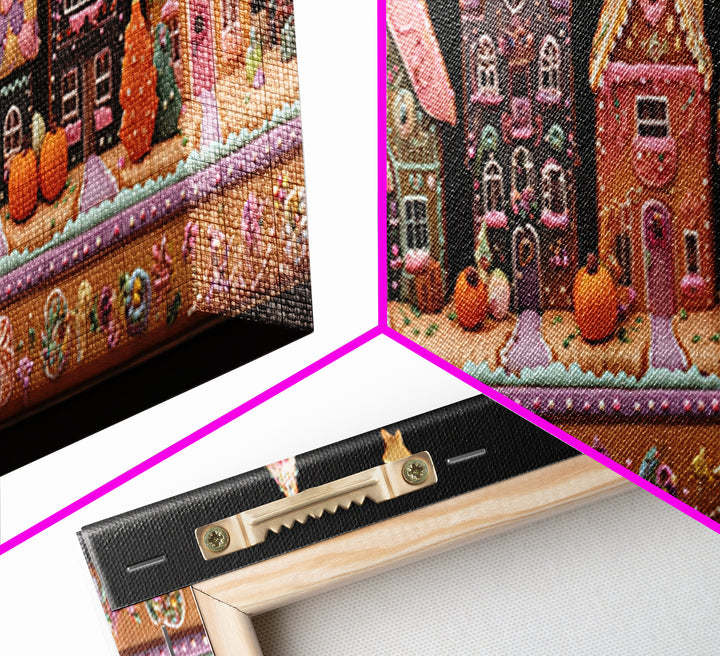 The Halloween Gingerbread Village, Folk Halloween Art, Extra Wide Wall Art, Canvas Print, Cute Halloween Wall Art