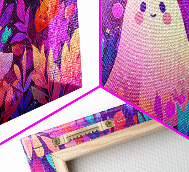 The Ghost With A Flower Crown, Vaporwave Halloween Art, Wide Panoramic Art, Framed Canvas Print, Cute Halloween Wall Art