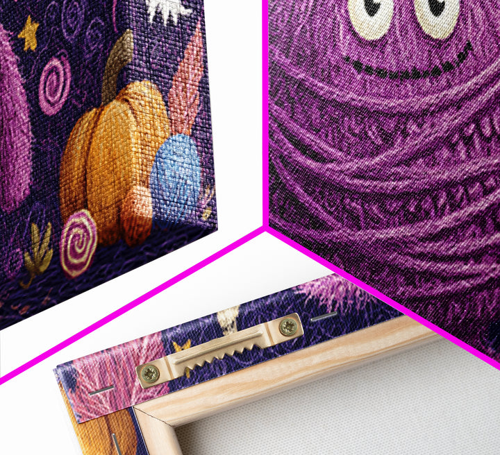 The Fuzzy Purple Monster, Crayon Halloween Art, Wide Panoramic Art, Framed Canvas Print, Cute Halloween Wall Art